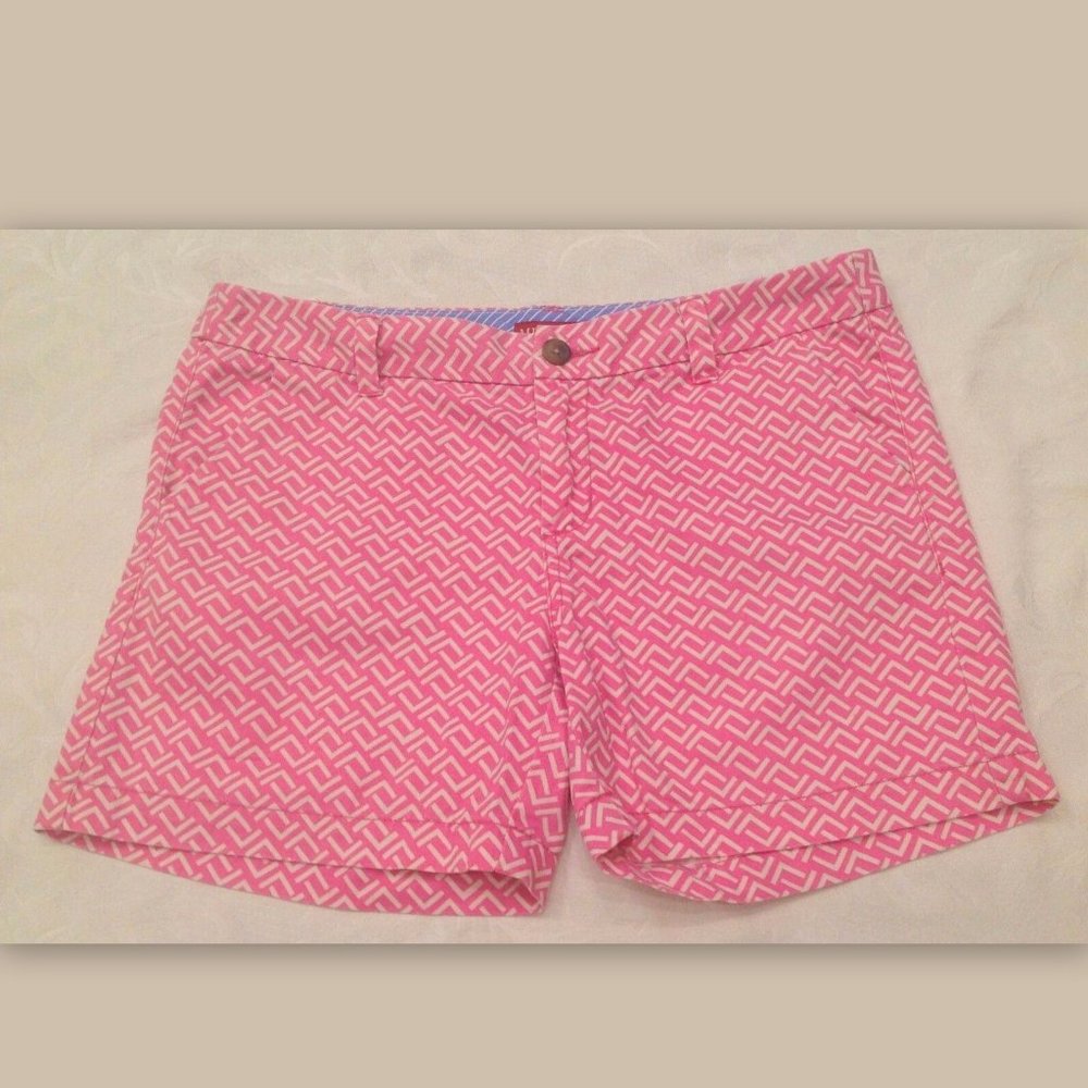 MERONA Size 6 Pink White Geometric 100% Cotton Zip Front Pockets Mini Shorts
